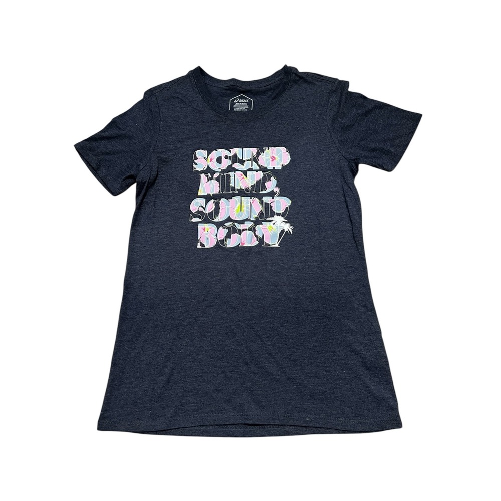 ASICS Womens Graphic T Shirt Sound Mind Sound Body Dark Blue Short Sleeve tee XS